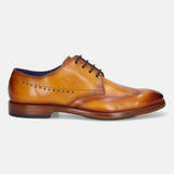A yellow Men's bugatti Derby featuring a chisel wing tip, stacked heel. Made from premium genuine leather with a durable leather outsole, this laces design offers both style and comfort.