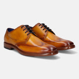 A yellow Men's bugatti Derby featuring a chisel wing tip, stacked heel. Made from premium genuine leather with a durable leather outsole, this laces design offers both style and comfort.