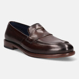A brown Men's bugatti Venetian Loafers featuring a round toe apron toe, stacked heel. Made from premium genuine leather with a durable leather outsole, this slip-on design offers both style and comfort.