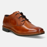 A cognac Men's bugatti Derby featuring a round toe plain toe, stacked heel, and a wide fit. Made from premium genuine leather with a durable tpr outsole, this laces design offers both style and comfort.