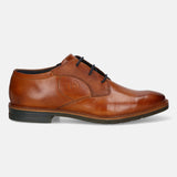 A cognac Men's bugatti Derby featuring a round toe plain toe, stacked heel, and a wide fit. Made from premium genuine leather with a durable tpr outsole, this laces design offers both style and comfort.