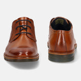 A cognac Men's bugatti Derby featuring a round toe plain toe, stacked heel, and a wide fit. Made from premium genuine leather with a durable tpr outsole, this laces design offers both style and comfort.