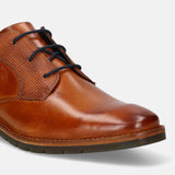 A cognac Men's bugatti Derby featuring a round toe plain toe, stacked heel, and a wide fit. Made from premium genuine leather with a durable tpr outsole, this laces design offers both style and comfort.