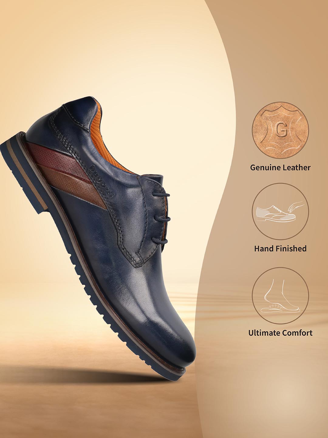 Men's Bugatti derby blue leather shoes with a round toe and plain toe featuring a stacked heel , a eva outsole , and laces fastening.