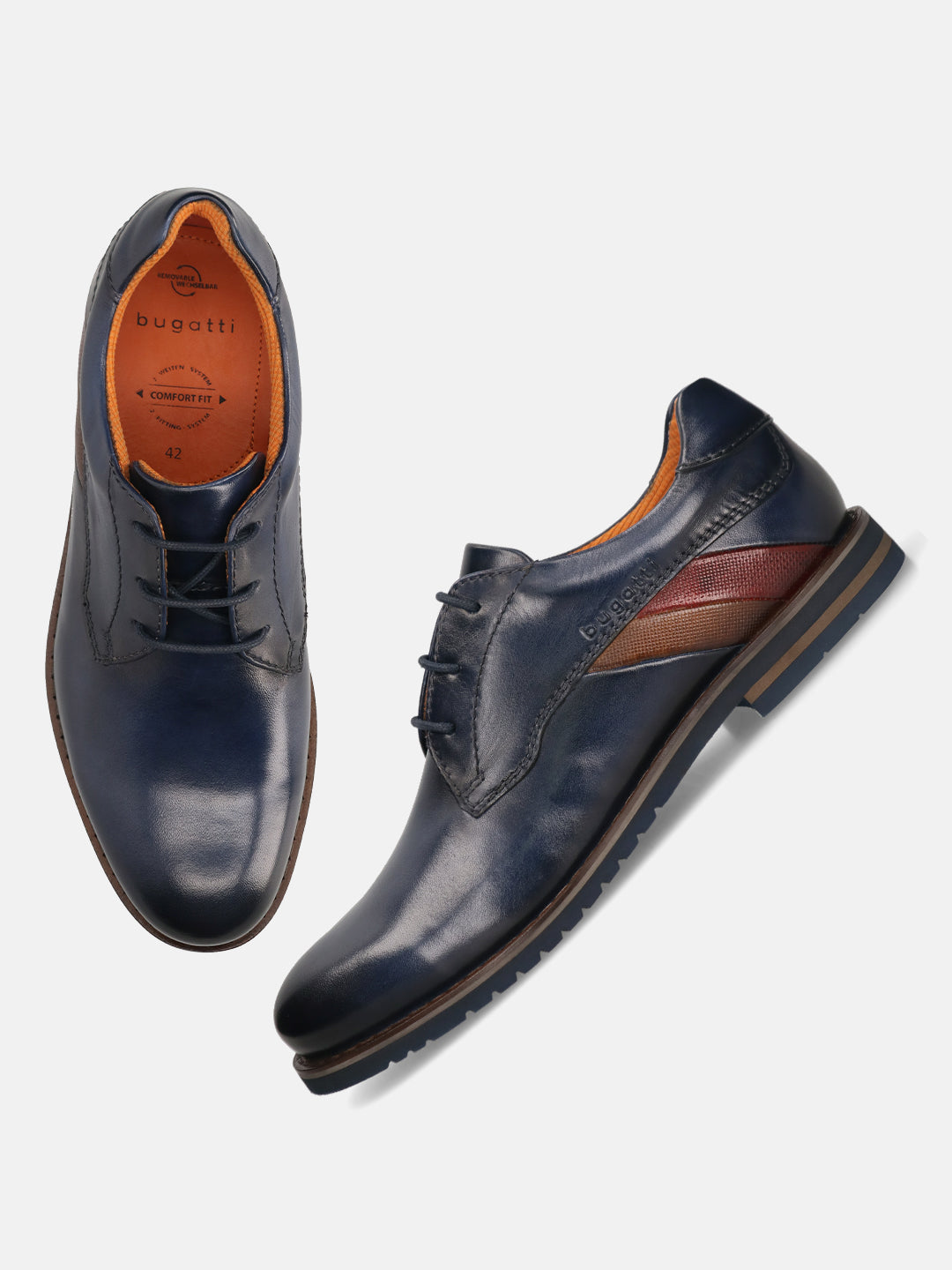 Men's Bugatti derby blue leather shoes with a round toe and plain toe featuring a stacked heel , a eva outsole , and laces fastening.