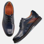 Men's Bugatti derby blue leather shoes with a round toe and plain toe featuring a stacked heel , a eva outsole , and laces fastening.