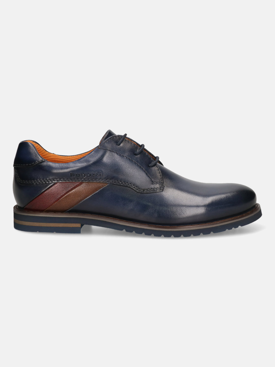 Men's Bugatti derby blue leather shoes with a round toe and plain toe featuring a stacked heel , a eva outsole , and laces fastening.