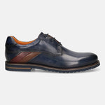 Men's Bugatti derby blue leather shoes with a round toe and plain toe featuring a stacked heel , a eva outsole , and laces fastening.