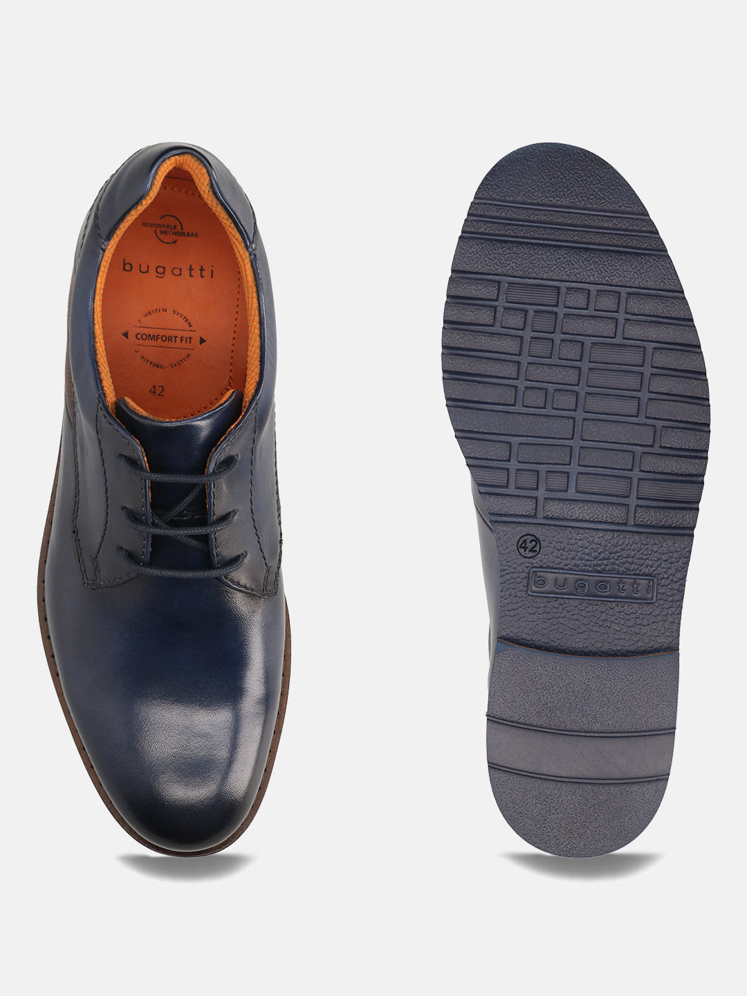 Men's Bugatti derby blue leather shoes with a round toe and plain toe featuring a stacked heel , a eva outsole , and laces fastening.