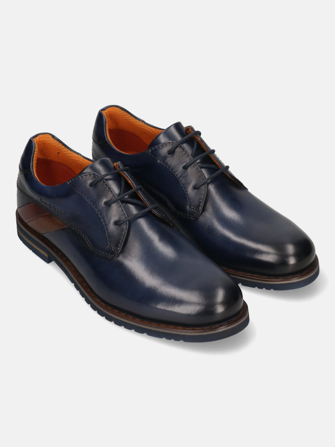 Men's Bugatti derby blue leather shoes with a round toe and plain toe featuring a stacked heel , a eva outsole , and laces fastening.