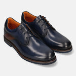 Men's Bugatti derby blue leather shoes with a round toe and plain toe featuring a stacked heel , a eva outsole , and laces fastening.