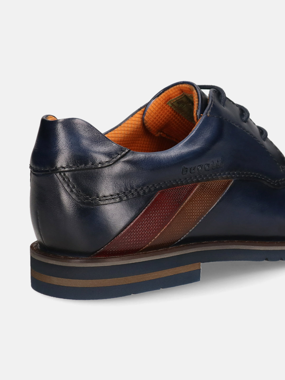Men's Bugatti derby blue leather shoes with a round toe and plain toe featuring a stacked heel , a eva outsole , and laces fastening.