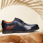 Men's Bugatti derby blue leather shoes with a round toe and plain toe featuring a stacked heel , a eva outsole , and laces fastening.