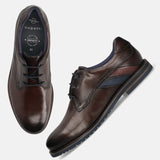 Men's Bugatti derby brown leather shoes with a round toe and plain toe featuring a stacked heel , a eva outsole , and laces fastening.