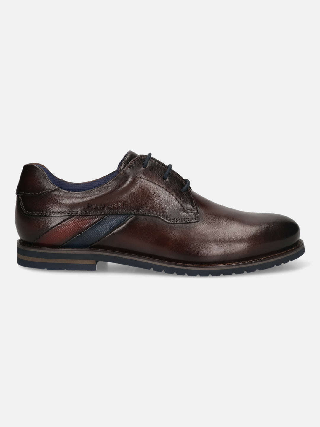 Men's Bugatti derby brown leather shoes with a round toe and plain toe featuring a stacked heel , a eva outsole , and laces fastening.