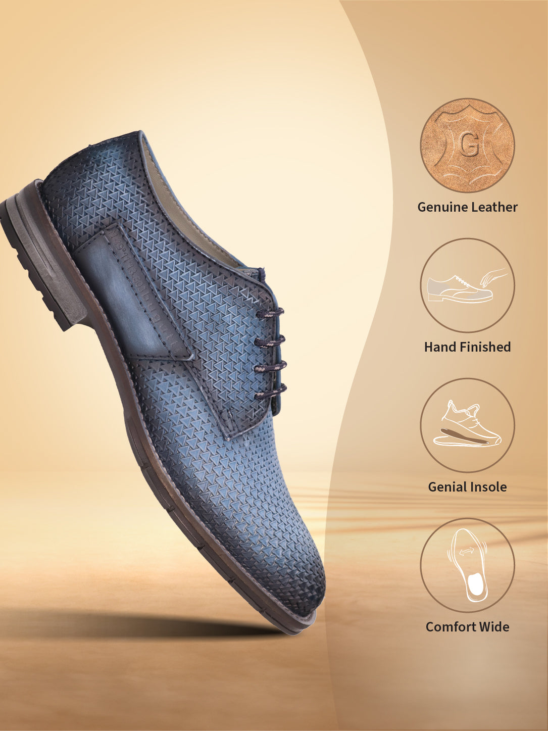 A blue Men's bugatti Derby featuring a round plain toe, moulded  heel, and a wide fit. Made from premium genuine leather with a durable tr outsole, this laces design offers both style and comfort.