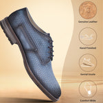 A blue Men's bugatti Derby featuring a round plain toe, moulded  heel, and a wide fit. Made from premium genuine leather with a durable tr outsole, this laces design offers both style and comfort.