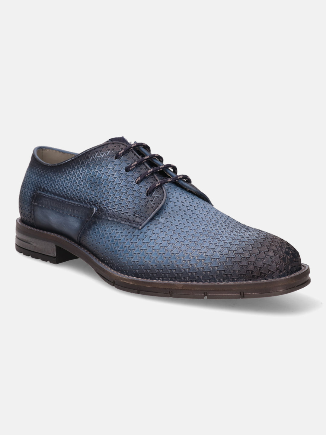 A blue Men's bugatti Derby featuring a round plain toe, moulded  heel, and a wide fit. Made from premium genuine leather with a durable tr outsole, this laces design offers both style and comfort.