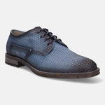 A blue Men's bugatti Derby featuring a round plain toe, moulded  heel, and a wide fit. Made from premium genuine leather with a durable tr outsole, this laces design offers both style and comfort.