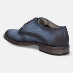 A blue Men's bugatti Derby featuring a round plain toe, moulded  heel, and a wide fit. Made from premium genuine leather with a durable tr outsole, this laces design offers both style and comfort.