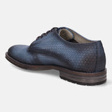 A blue Men's bugatti Derby featuring a round plain toe, moulded  heel, and a wide fit. Made from premium genuine leather with a durable tr outsole, this laces design offers both style and comfort.