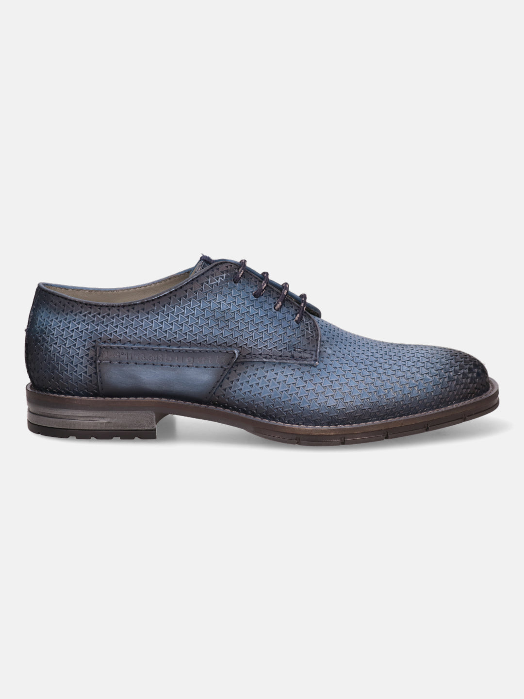 A blue Men's bugatti Derby featuring a round plain toe, moulded  heel, and a wide fit. Made from premium genuine leather with a durable tr outsole, this laces design offers both style and comfort.