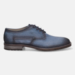 A blue Men's bugatti Derby featuring a round plain toe, moulded  heel, and a wide fit. Made from premium genuine leather with a durable tr outsole, this laces design offers both style and comfort.