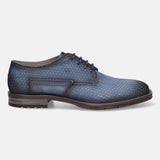 A blue Men's bugatti Derby featuring a round plain toe, moulded  heel, and a wide fit. Made from premium genuine leather with a durable tr outsole, this laces design offers both style and comfort.