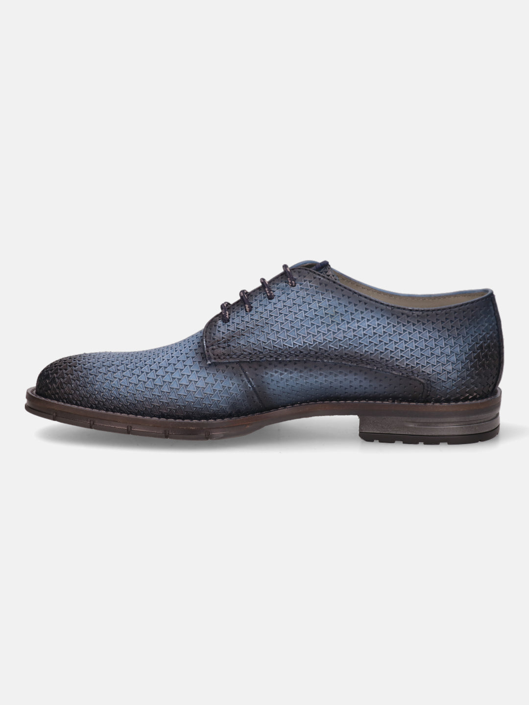 A blue Men's bugatti Derby featuring a round plain toe, moulded  heel, and a wide fit. Made from premium genuine leather with a durable tr outsole, this laces design offers both style and comfort.