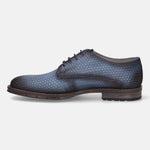 A blue Men's bugatti Derby featuring a round plain toe, moulded  heel, and a wide fit. Made from premium genuine leather with a durable tr outsole, this laces design offers both style and comfort.