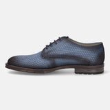 A blue Men's bugatti Derby featuring a round plain toe, moulded  heel, and a wide fit. Made from premium genuine leather with a durable tr outsole, this laces design offers both style and comfort.