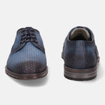 A blue Men's bugatti Derby featuring a round plain toe, moulded  heel, and a wide fit. Made from premium genuine leather with a durable tr outsole, this laces design offers both style and comfort.