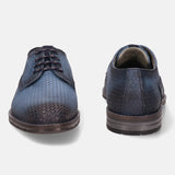 A blue Men's bugatti Derby featuring a round plain toe, moulded  heel, and a wide fit. Made from premium genuine leather with a durable tr outsole, this laces design offers both style and comfort.