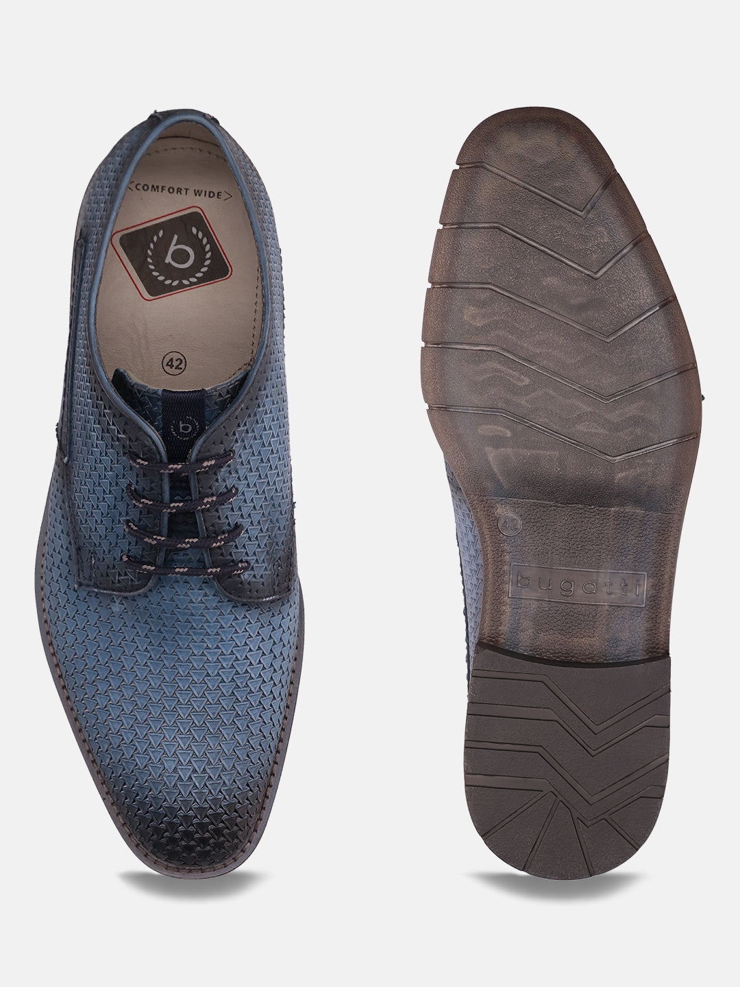 A blue Men's bugatti Derby featuring a round plain toe, moulded  heel, and a wide fit. Made from premium genuine leather with a durable tr outsole, this laces design offers both style and comfort.