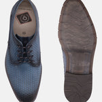 A blue Men's bugatti Derby featuring a round plain toe, moulded  heel, and a wide fit. Made from premium genuine leather with a durable tr outsole, this laces design offers both style and comfort.