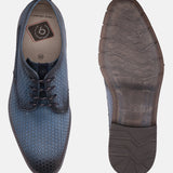 A blue Men's bugatti Derby featuring a round plain toe, moulded  heel, and a wide fit. Made from premium genuine leather with a durable tr outsole, this laces design offers both style and comfort.