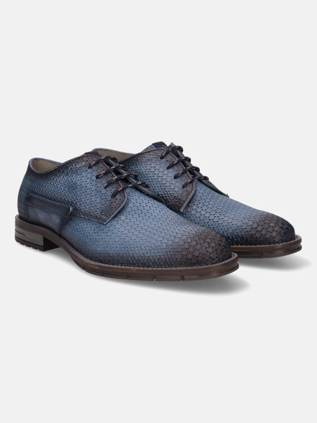 A blue Men's bugatti Derby featuring a round plain toe, moulded  heel, and a wide fit. Made from premium genuine leather with a durable tr outsole, this laces design offers both style and comfort.