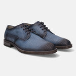 A blue Men's bugatti Derby featuring a round plain toe, moulded  heel, and a wide fit. Made from premium genuine leather with a durable tr outsole, this laces design offers both style and comfort.