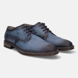 A blue Men's bugatti Derby featuring a round plain toe, moulded  heel, and a wide fit. Made from premium genuine leather with a durable tr outsole, this laces design offers both style and comfort.