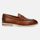 A cognac Men's bugatti Penny Loafer featuring a round apron toe, stacked heel. Made from premium genuine leather with a durable eva outsole, this slip-on design offers both style and comfort.