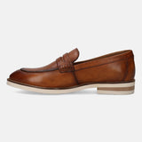 A cognac Men's bugatti Penny Loafer featuring a round apron toe, stacked heel. Made from premium genuine leather with a durable eva outsole, this slip-on design offers both style and comfort.