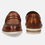 A cognac Men's bugatti Penny Loafer featuring a round apron toe, stacked heel. Made from premium genuine leather with a durable eva outsole, this slip-on design offers both style and comfort.