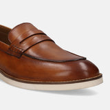 A cognac Men's bugatti Penny Loafer featuring a round apron toe, stacked heel. Made from premium genuine leather with a durable eva outsole, this slip-on design offers both style and comfort.