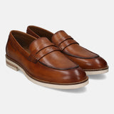 A cognac Men's bugatti Penny Loafer featuring a round apron toe, stacked heel. Made from premium genuine leather with a durable eva outsole, this slip-on design offers both style and comfort.