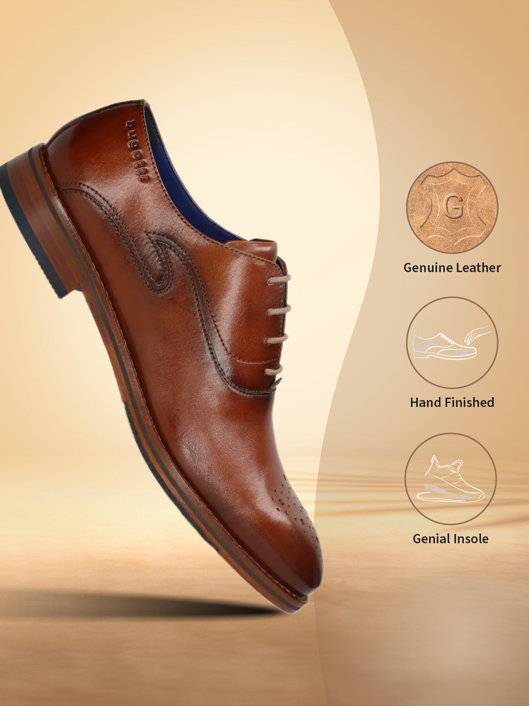 A cognac Men's bugatti Oxford featuring a almond toe medallion toe, stacked heel. Made from premium genuine leather with a durable leather outsole, this laces design offers both style and comfort.