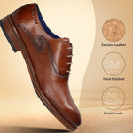 A cognac Men's bugatti Oxford featuring a almond toe medallion toe, stacked heel. Made from premium genuine leather with a durable leather outsole, this laces design offers both style and comfort.