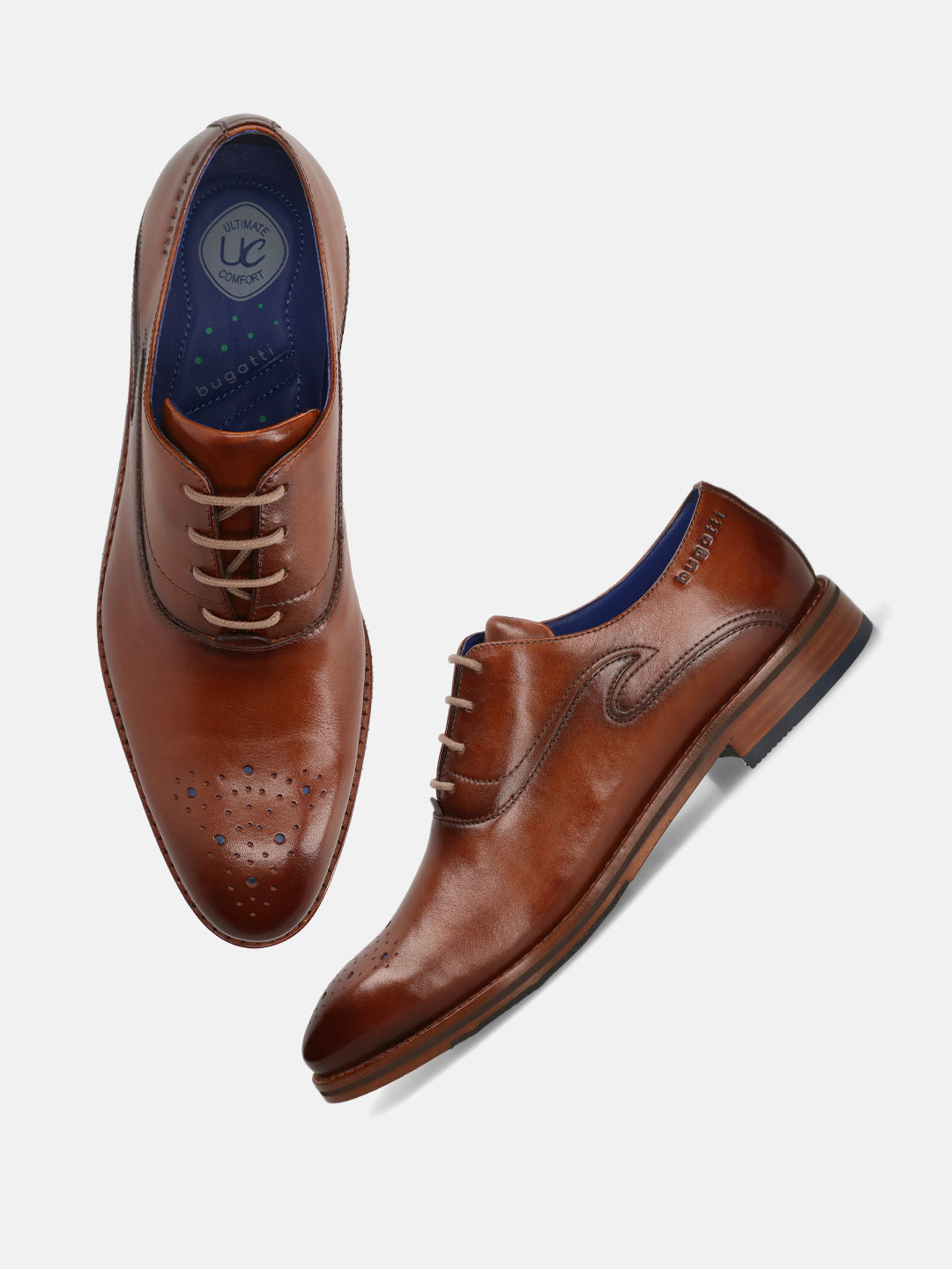 A cognac Men's bugatti Oxford featuring a almond toe medallion toe, stacked heel. Made from premium genuine leather with a durable leather outsole, this laces design offers both style and comfort.