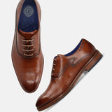 A cognac Men's bugatti Oxford featuring a almond toe medallion toe, stacked heel. Made from premium genuine leather with a durable leather outsole, this laces design offers both style and comfort.