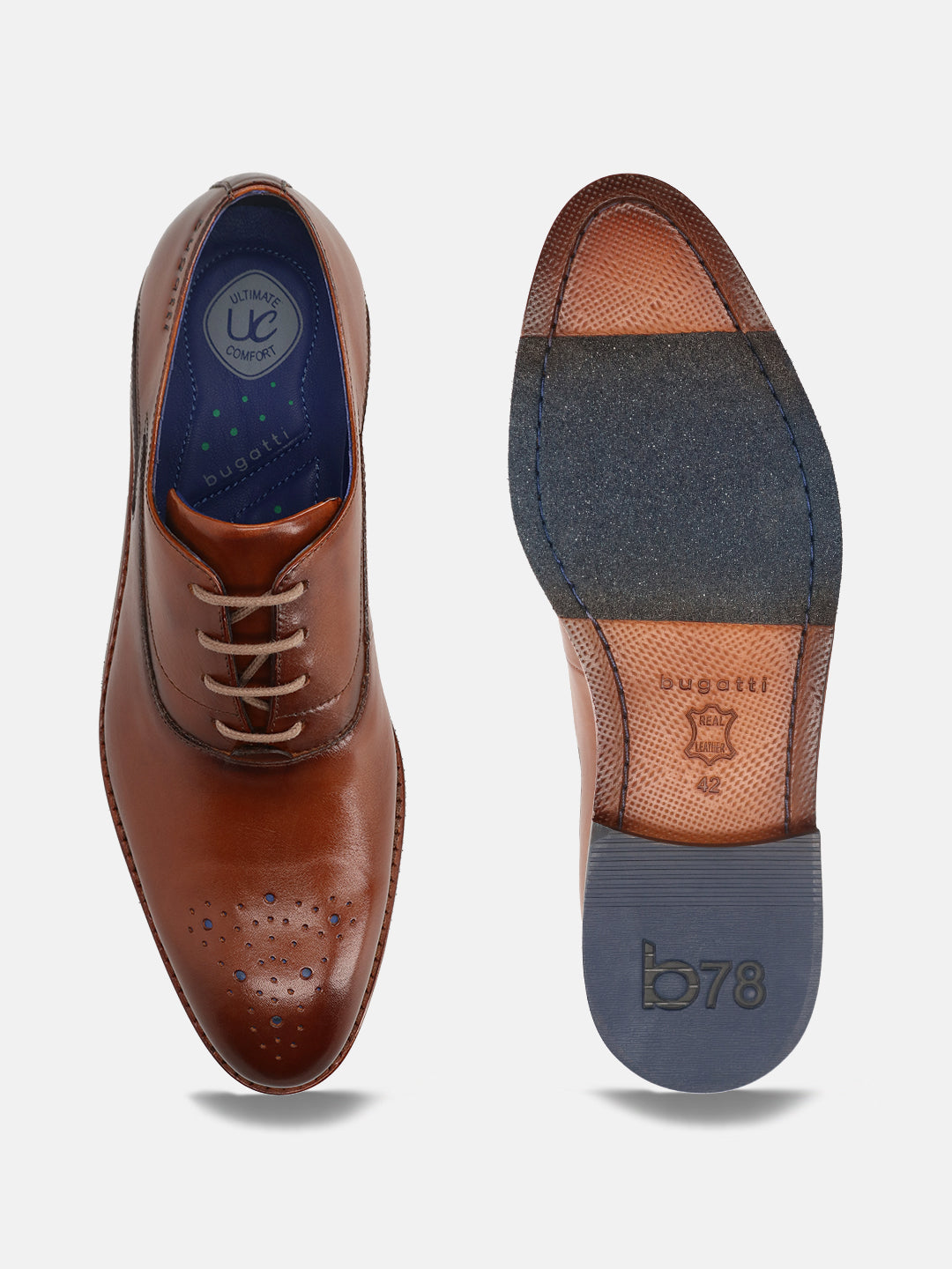 A cognac Men's bugatti Oxford featuring a almond toe medallion toe, stacked heel. Made from premium genuine leather with a durable leather outsole, this laces design offers both style and comfort.