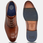 A cognac Men's bugatti Oxford featuring a almond toe medallion toe, stacked heel. Made from premium genuine leather with a durable leather outsole, this laces design offers both style and comfort.